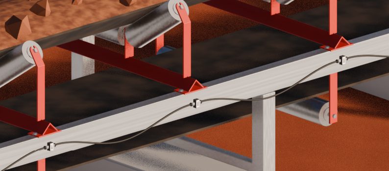 Rendering of sensor nodes on a single cable clamped along a conveyor stringer, under a troughed belt